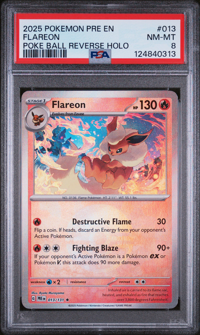 Flareon Poke Ball Reverse Holo Pokemon Pre En-Prismatic Evolutions 013 NM PSA 8