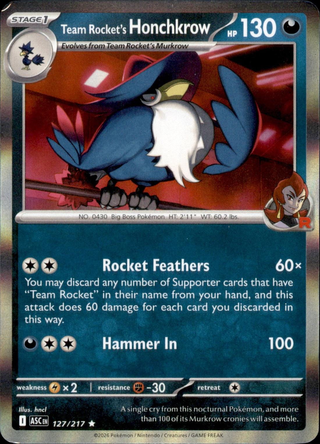 Team Rocket's Honchkrow Holo Rare ME: Ascended Heroes 127/217 NM