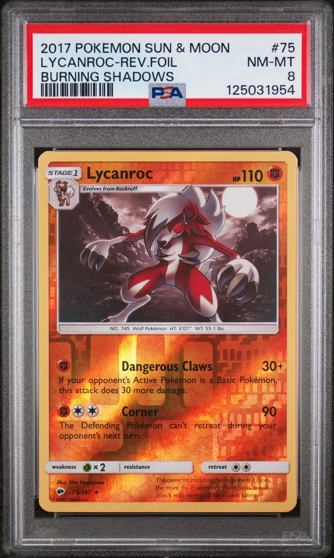 Lycanroc-Rev.Foil Burning Shadows Pokemon Sun & Moon Burning Shadows 75 NM PSA 8