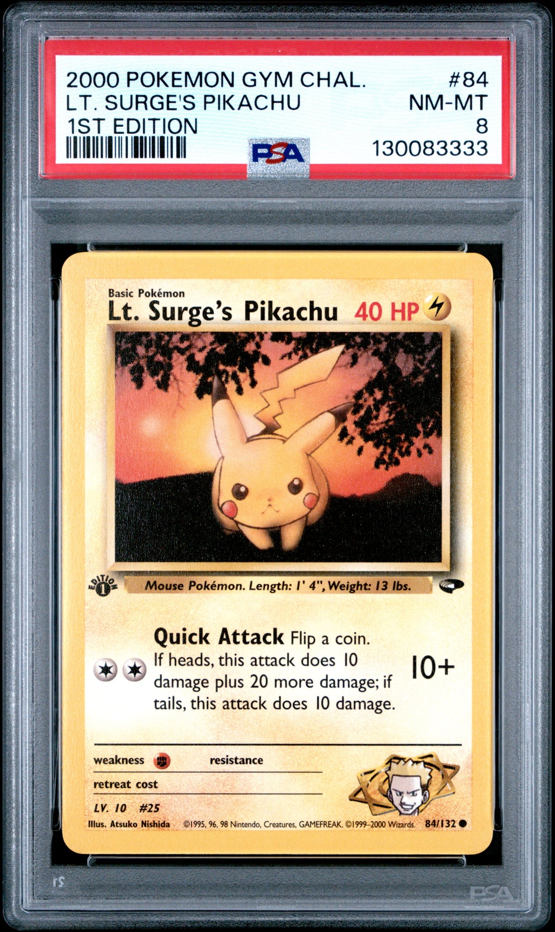 Lt. Surge'S Pikachu 1st Edition Pokemon Gym Challenge 84 NM PSA 8