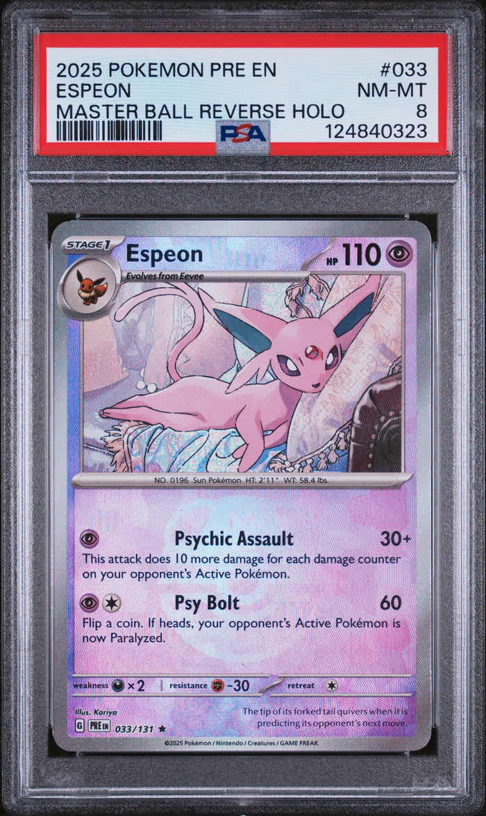 Espeon Master Ball Reverse Holo Pokemon Pre En-Prismatic Evolutions 033 NM PSA 8