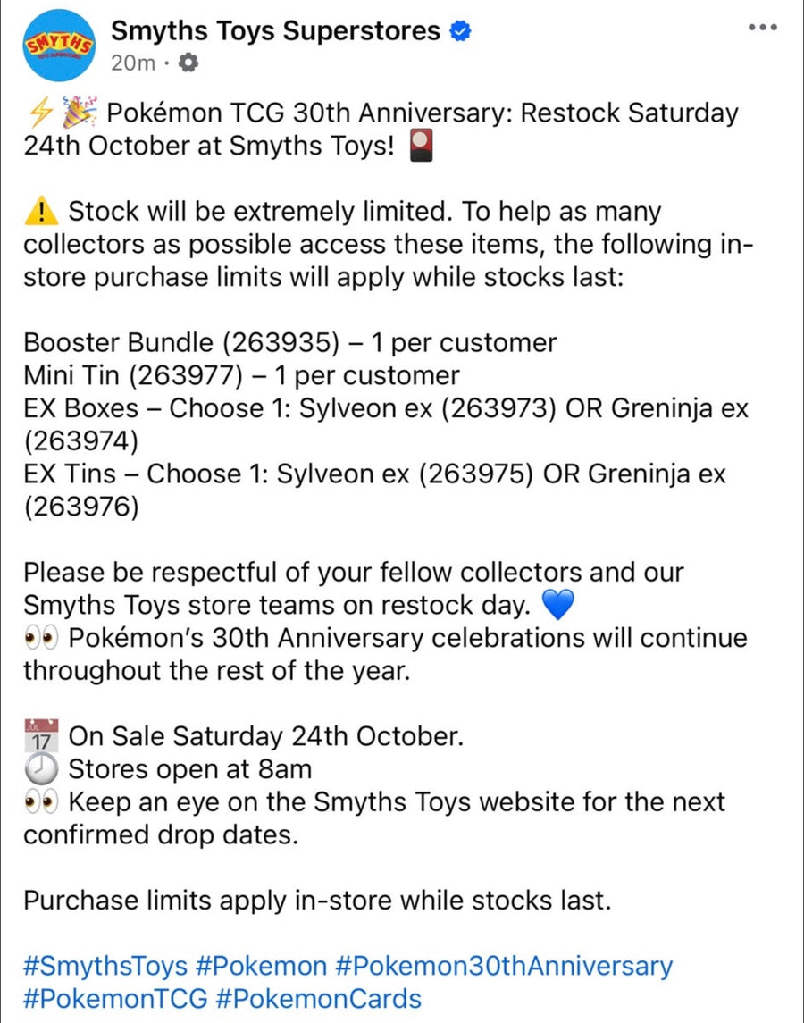Smyths Pokémon 30th Celebration Restock | 24 October 2026