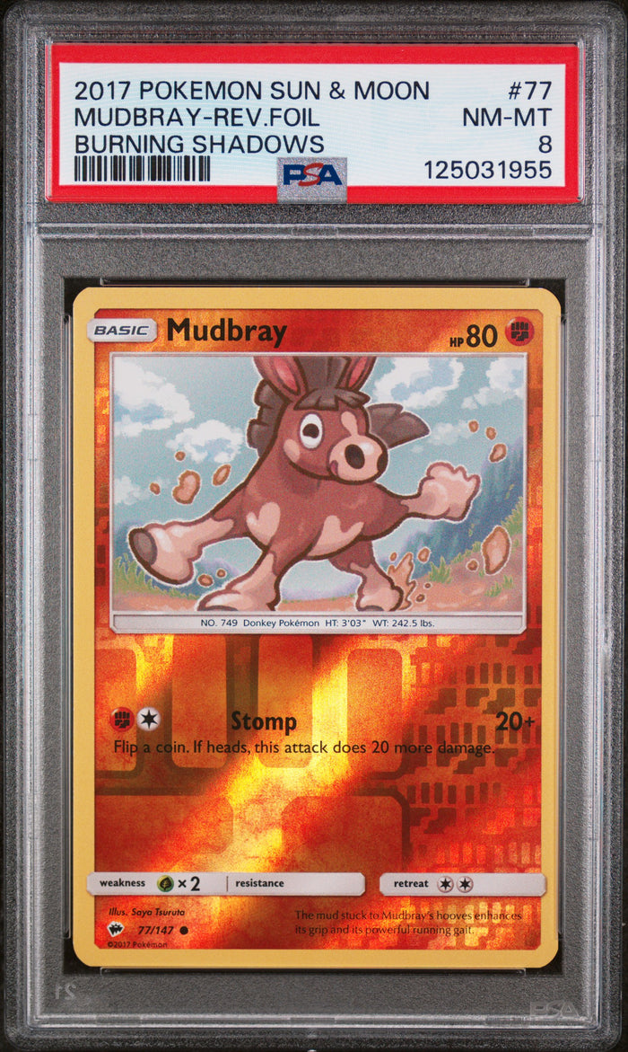 Mudbray-Rev.Foil Burning Shadows Pokemon Sun & Moon Burning Shadows 77 NM PSA 8