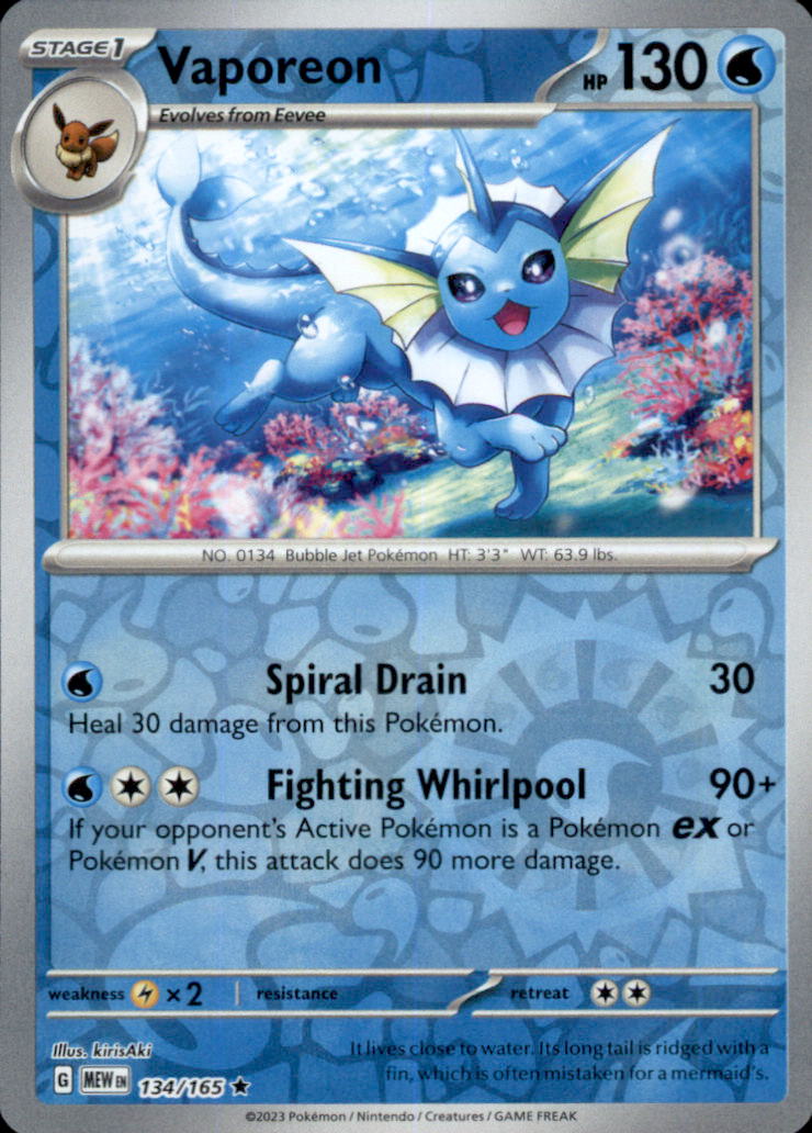 Vaporeon Reverse Holo Rare SV: Scarlet & Violet 151 134/165 NM