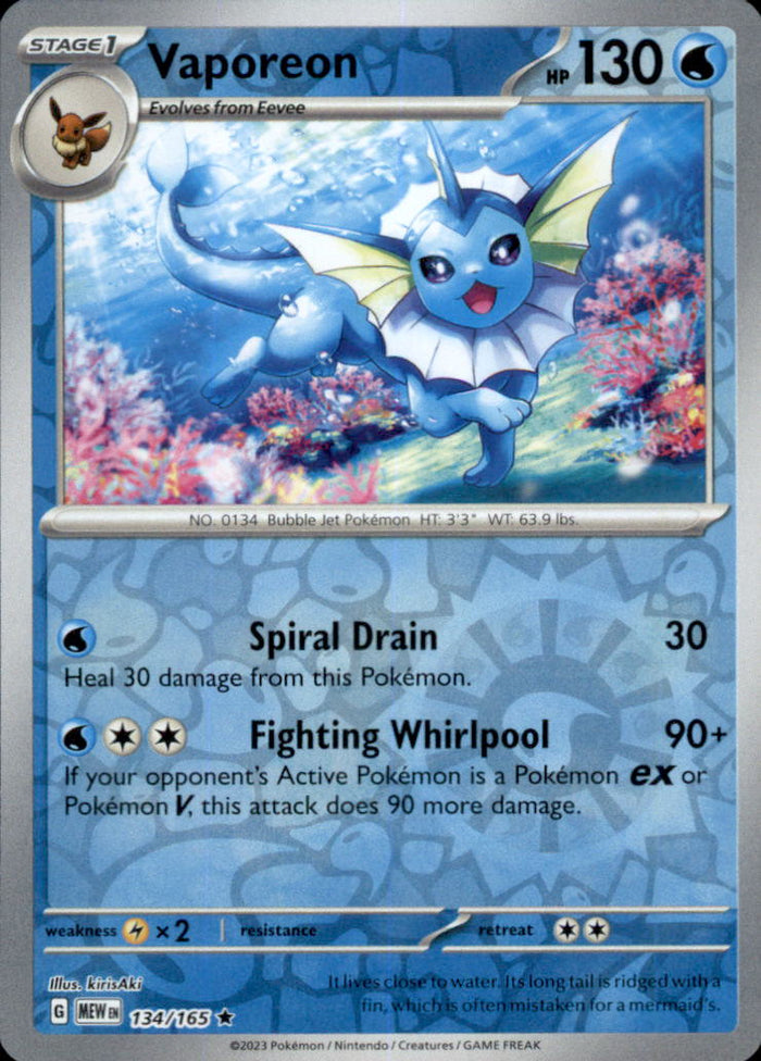 Vaporeon Reverse Holo Rare SV: Scarlet & Violet 151 134/165 NM