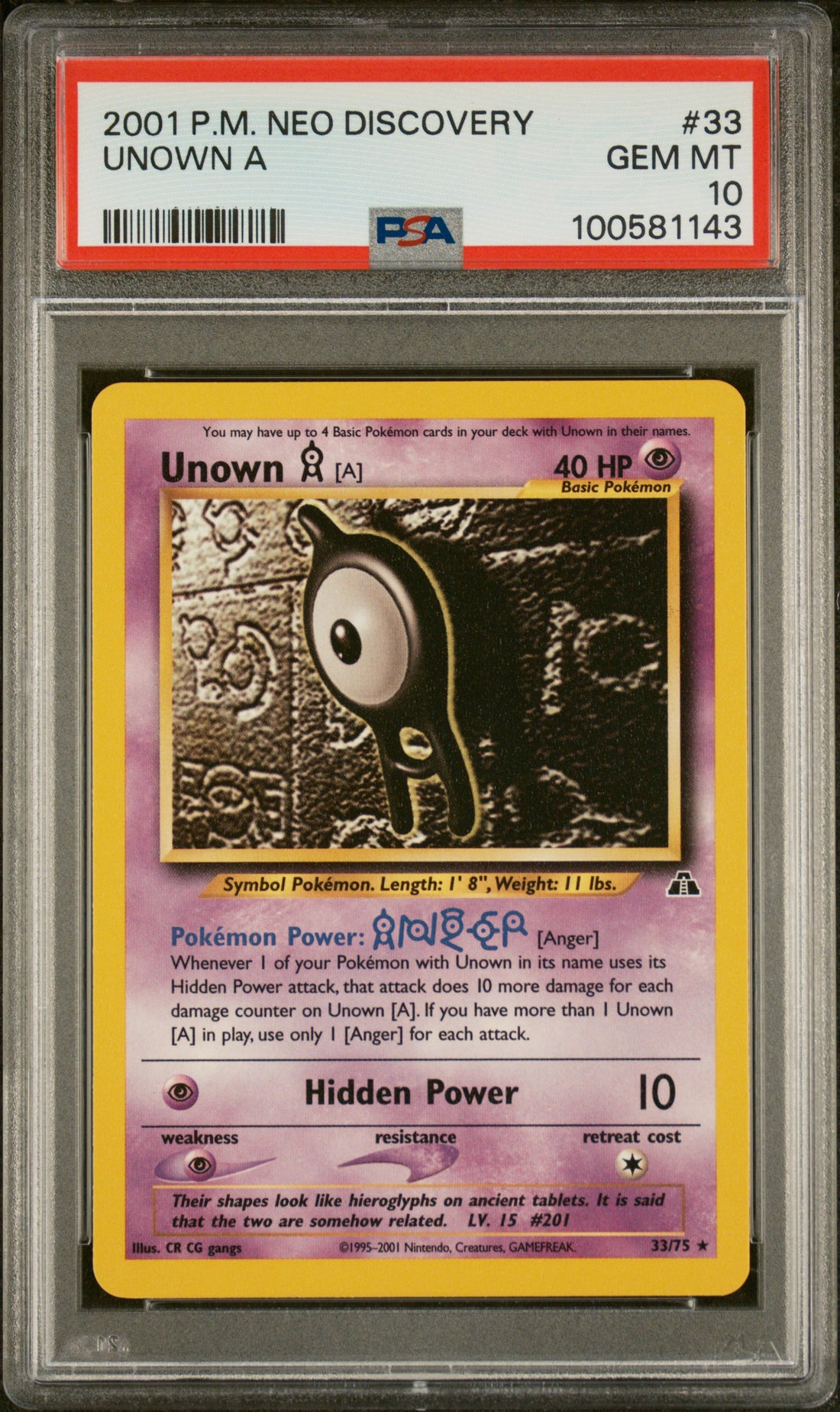 Unown A Pokemon Neo Discovery 33 NM PSA 10