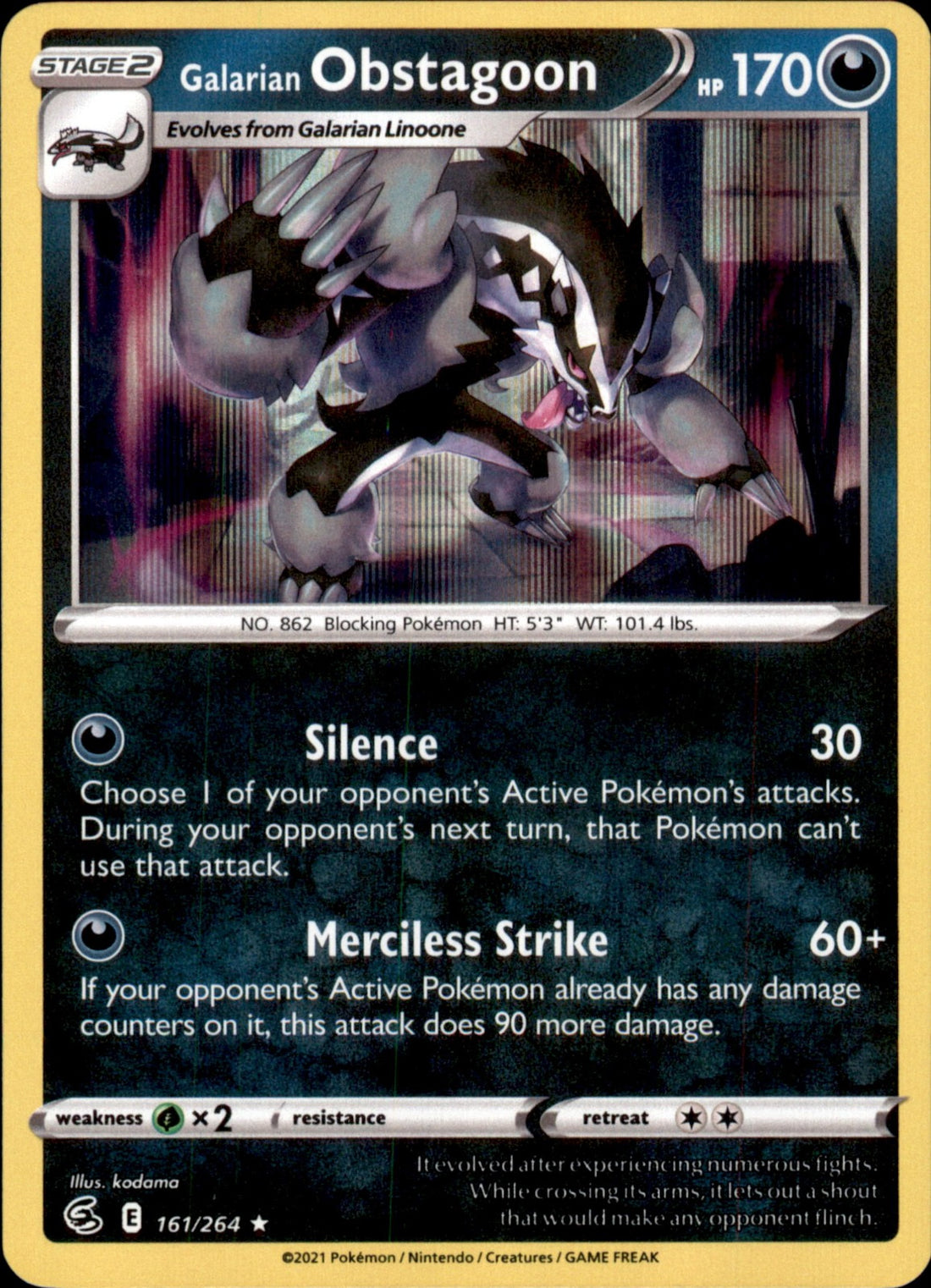 Galarian Obstagoon Holo Rare SWSH08: Fusion Strike 161/264 NM