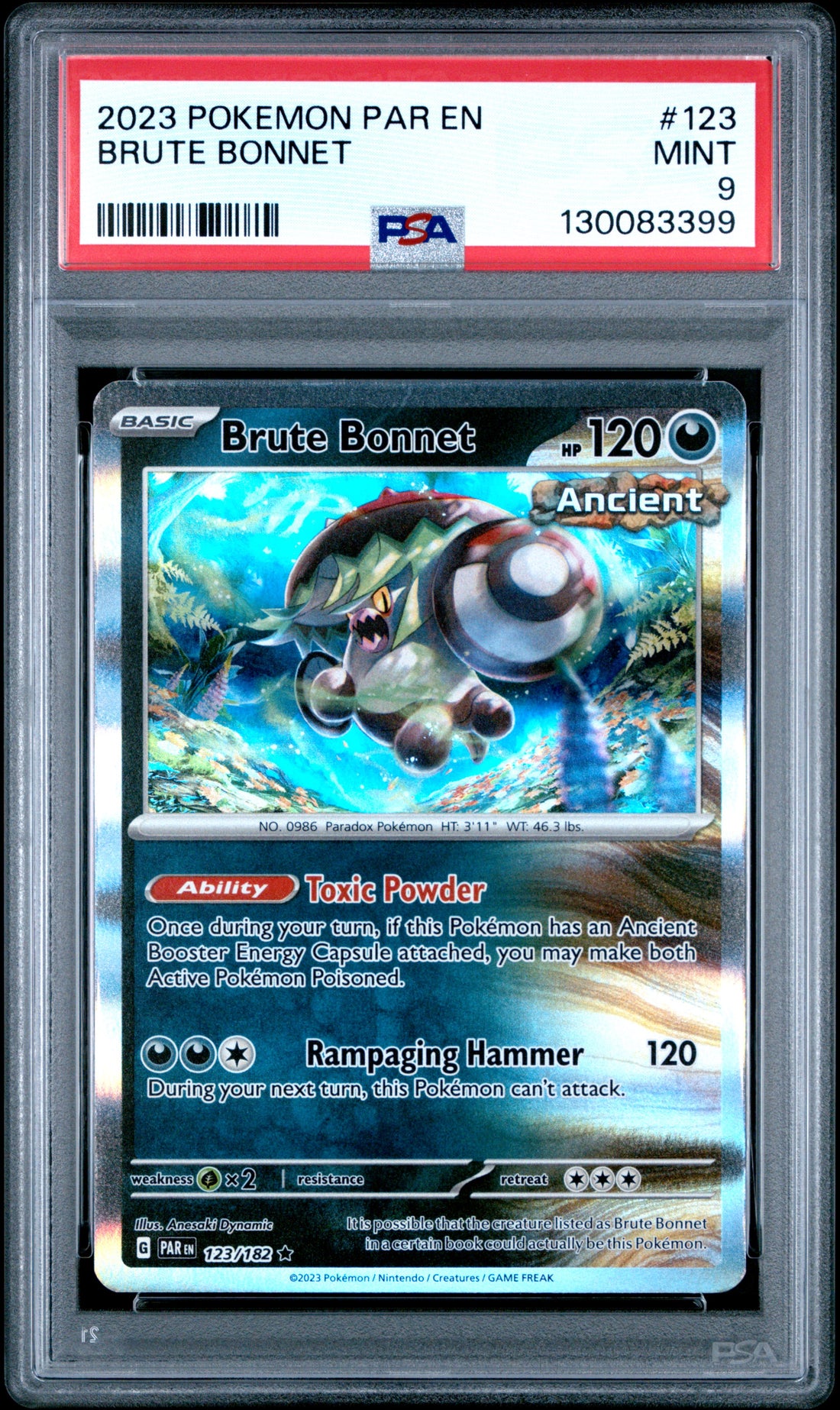 Brute Bonnet Pokemon Par En-Paradox Rift 123 NM PSA 9
