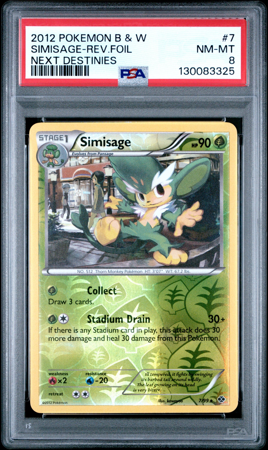 Simisage-Rev.Foil Next Destinies Pokemon Black & White Next Destinies 7 NM PSA 8
