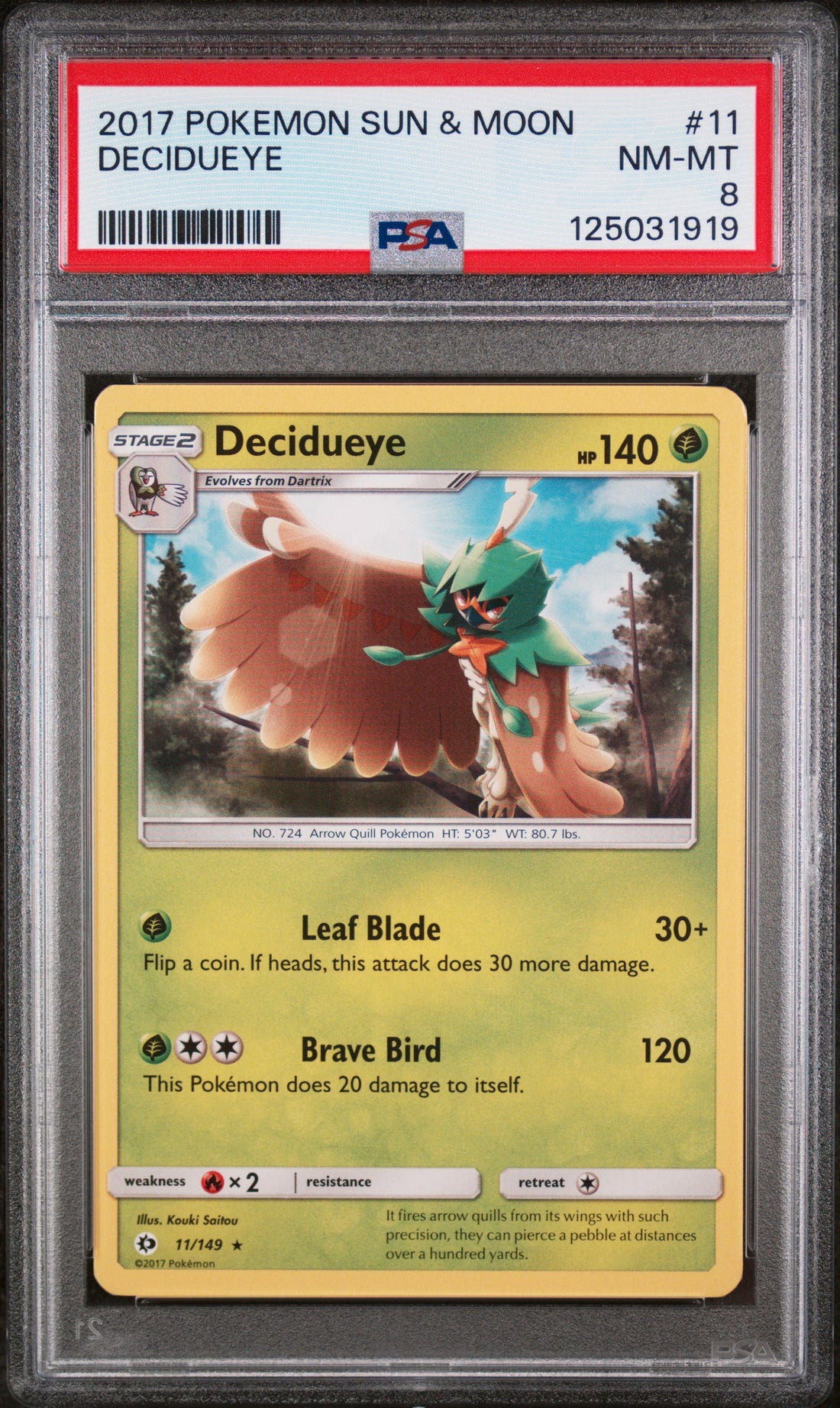 Decidueye Pokemon Sun & Moon 11 NM PSA 8