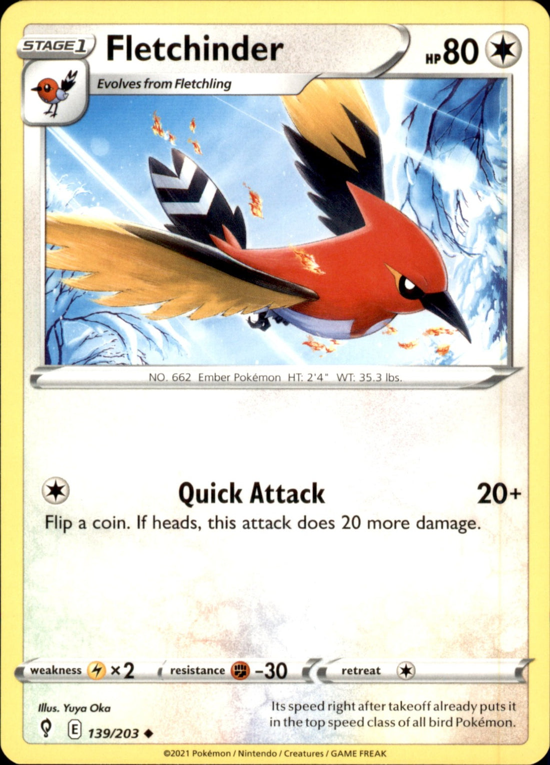 Fletchinder Uncommon SWSH07: Evolving Skies 139/203 NM
