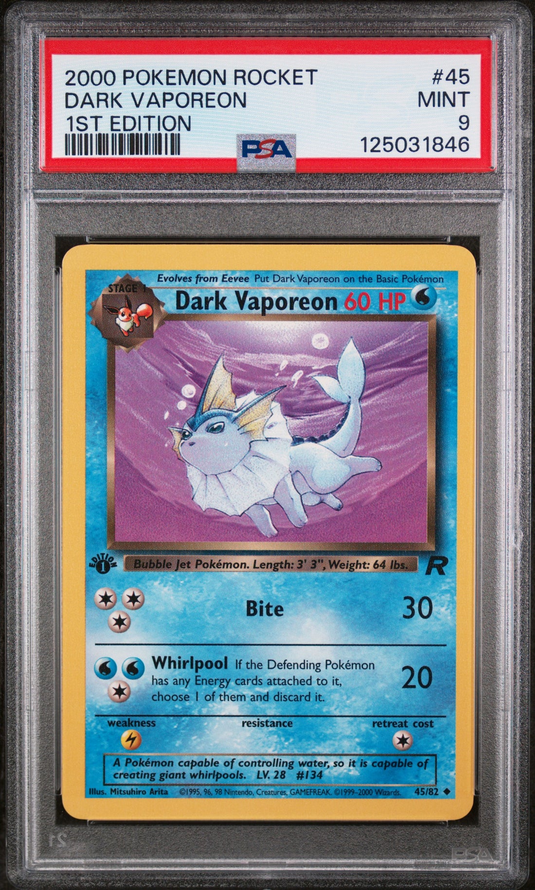 Dark Vaporeon 1st Edition Pokemon Rocket 45 NM PSA 9