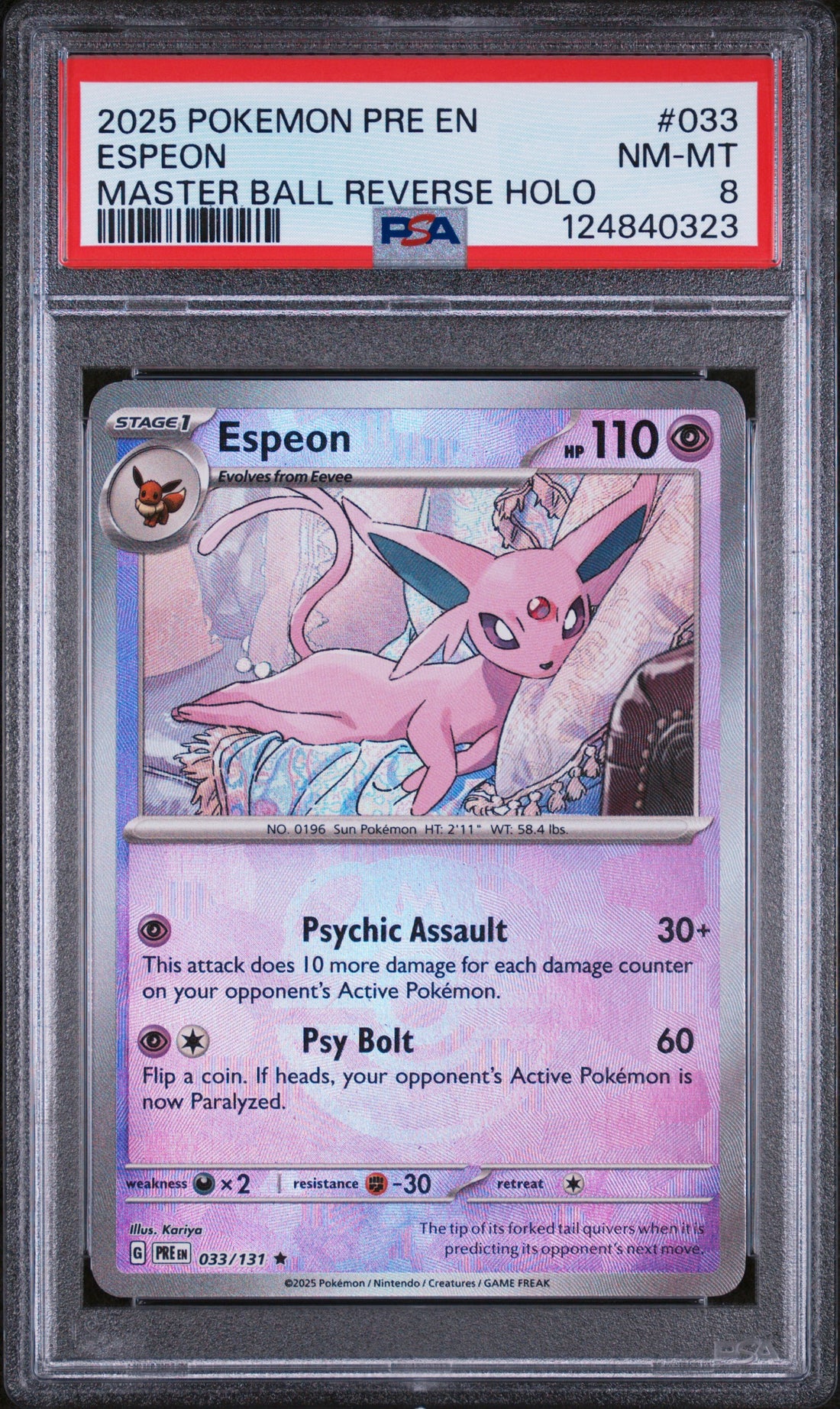 Espeon Master Ball Reverse Holo Pokemon Pre En-Prismatic Evolutions 033 NM PSA 8