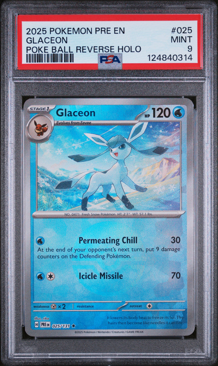 Glaceon Poke Ball Reverse Holo Pokemon Pre En-Prismatic Evolutions 025 NM PSA 9